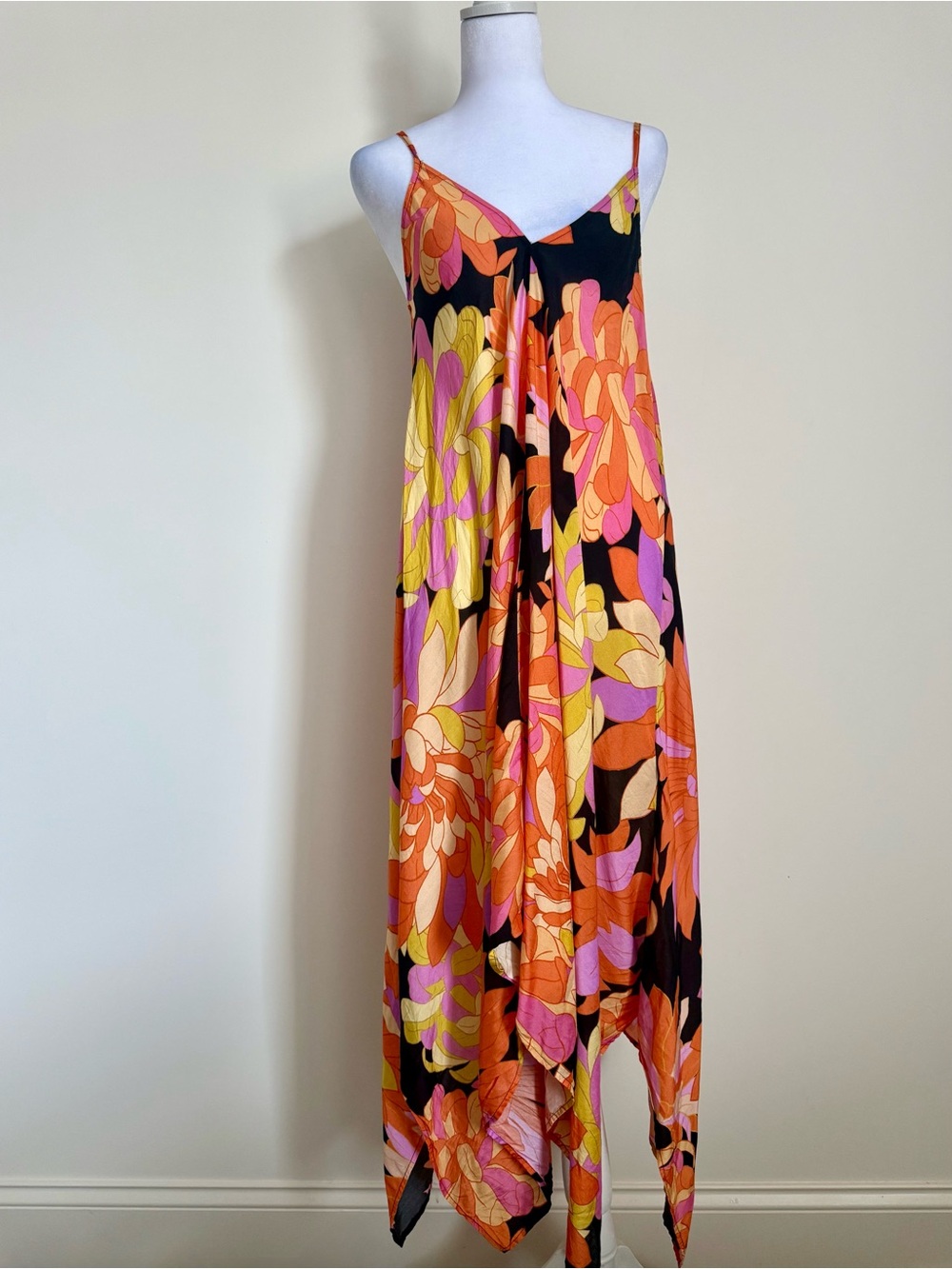 Seafolly Orange Multi Floral Handkerchief-Hem Midi Dress silk viscose blend